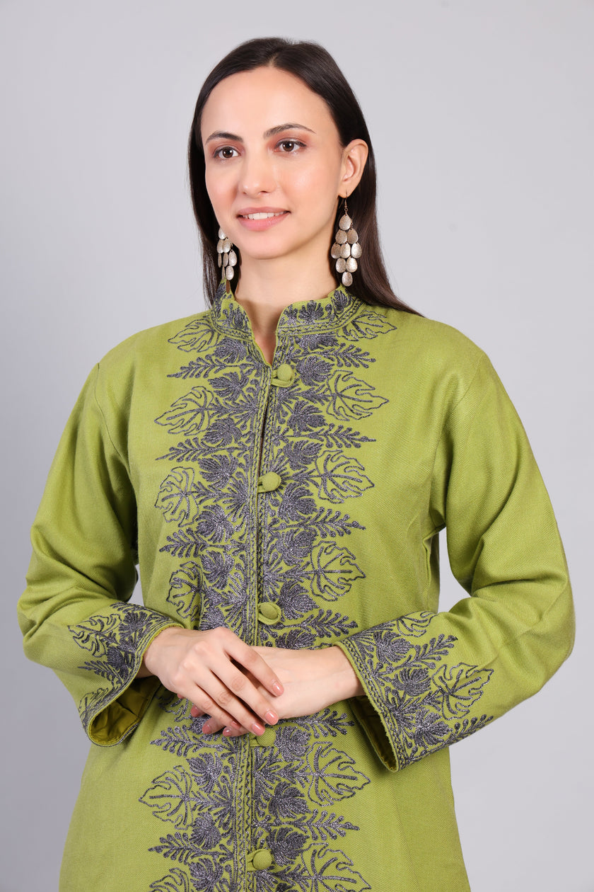Gul-e-Chinar Olive Green Kashmiri Wool Jacket with Zari Embroidery-Zoom