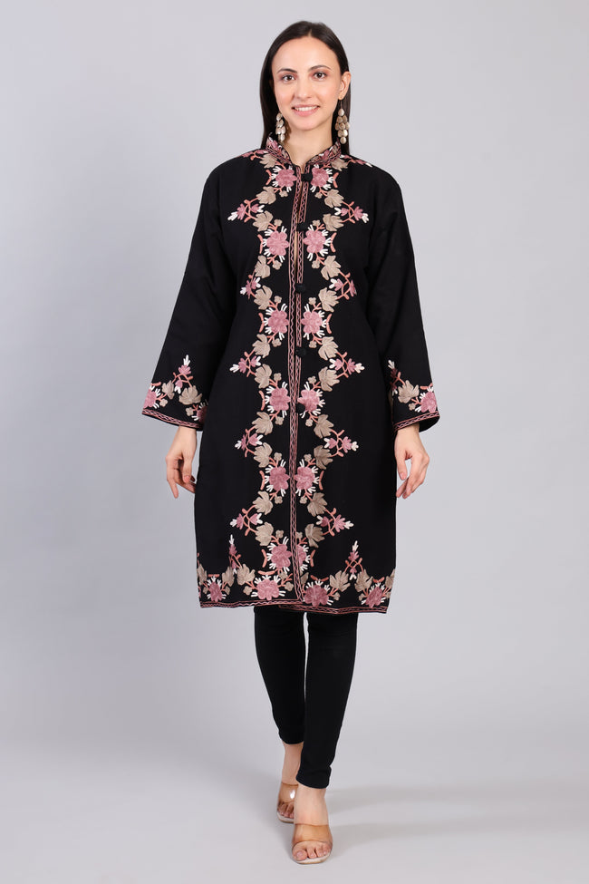 Gulnaar-e-Siyah Black Kashmiri Wool Jacket with Aari Embroidery Front