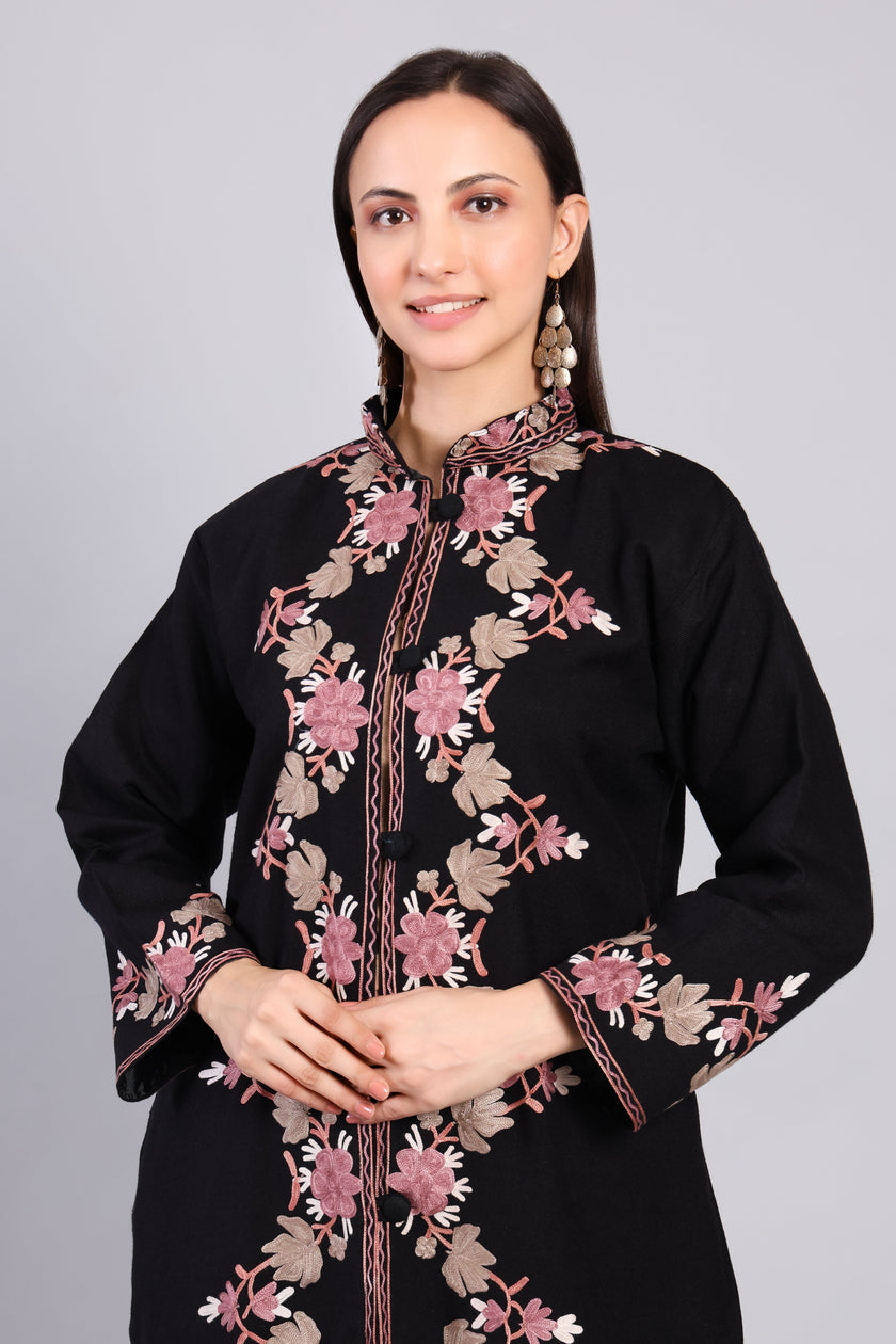 Gulnaar-e-Siyah Black Kashmiri Wool Jacket with Aari Embroidery Zoom