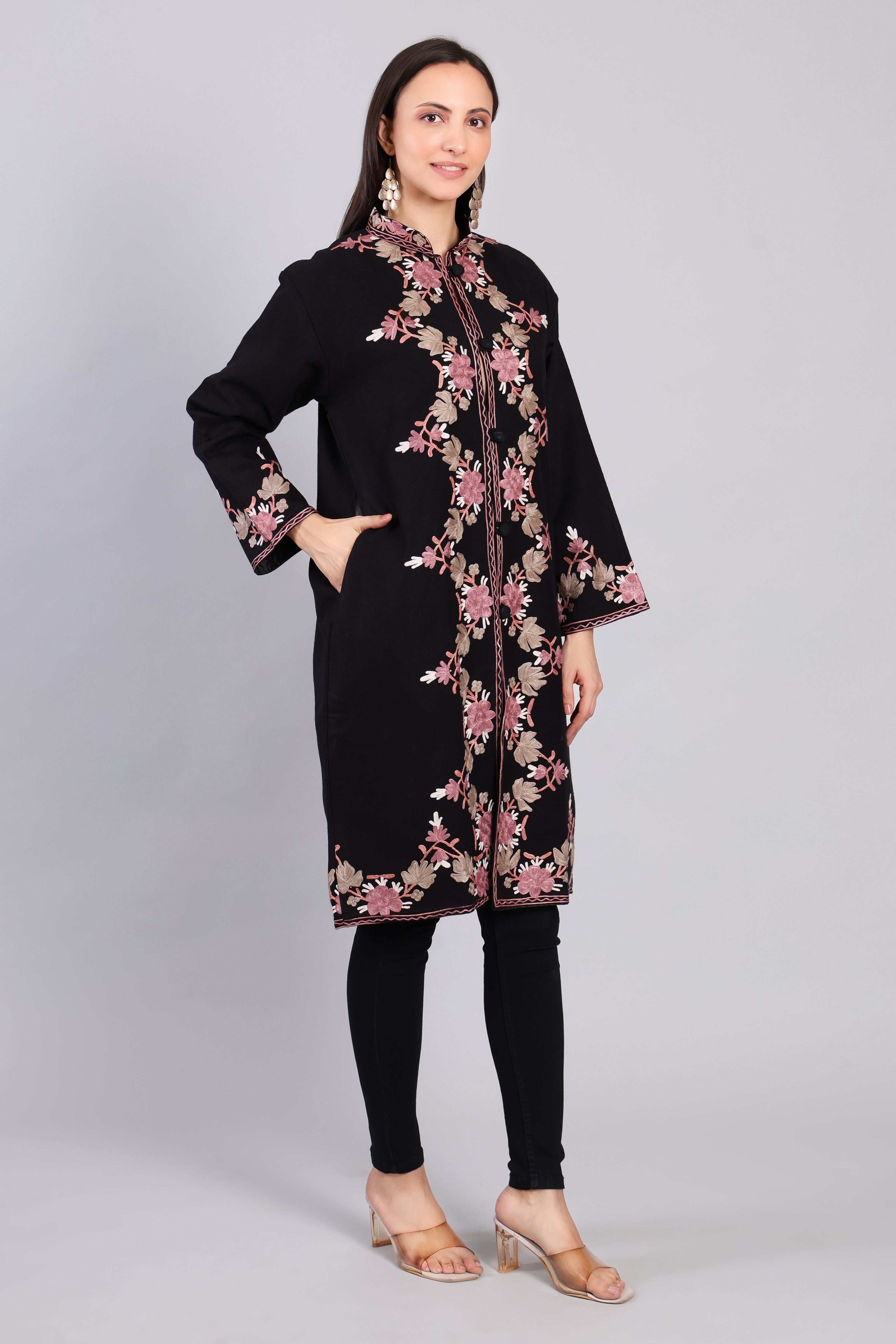 Gulnaar-e-Siyah Black Kashmiri Wool Jacket with Aari Embroidery left