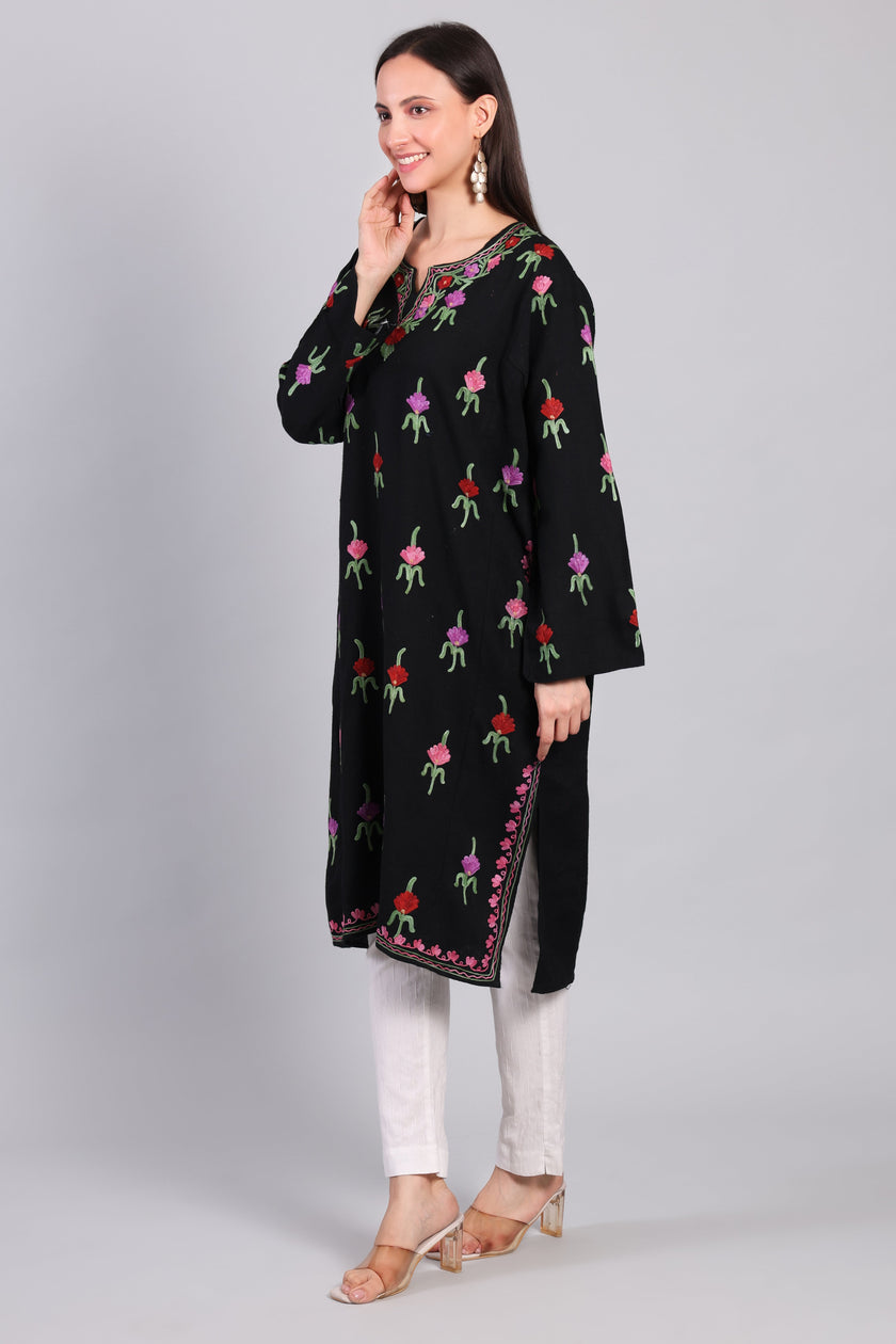 Gultar-e-Bahar — Black Pheran with Multicolor Floral Aari Kashmiri Embroidery-Right