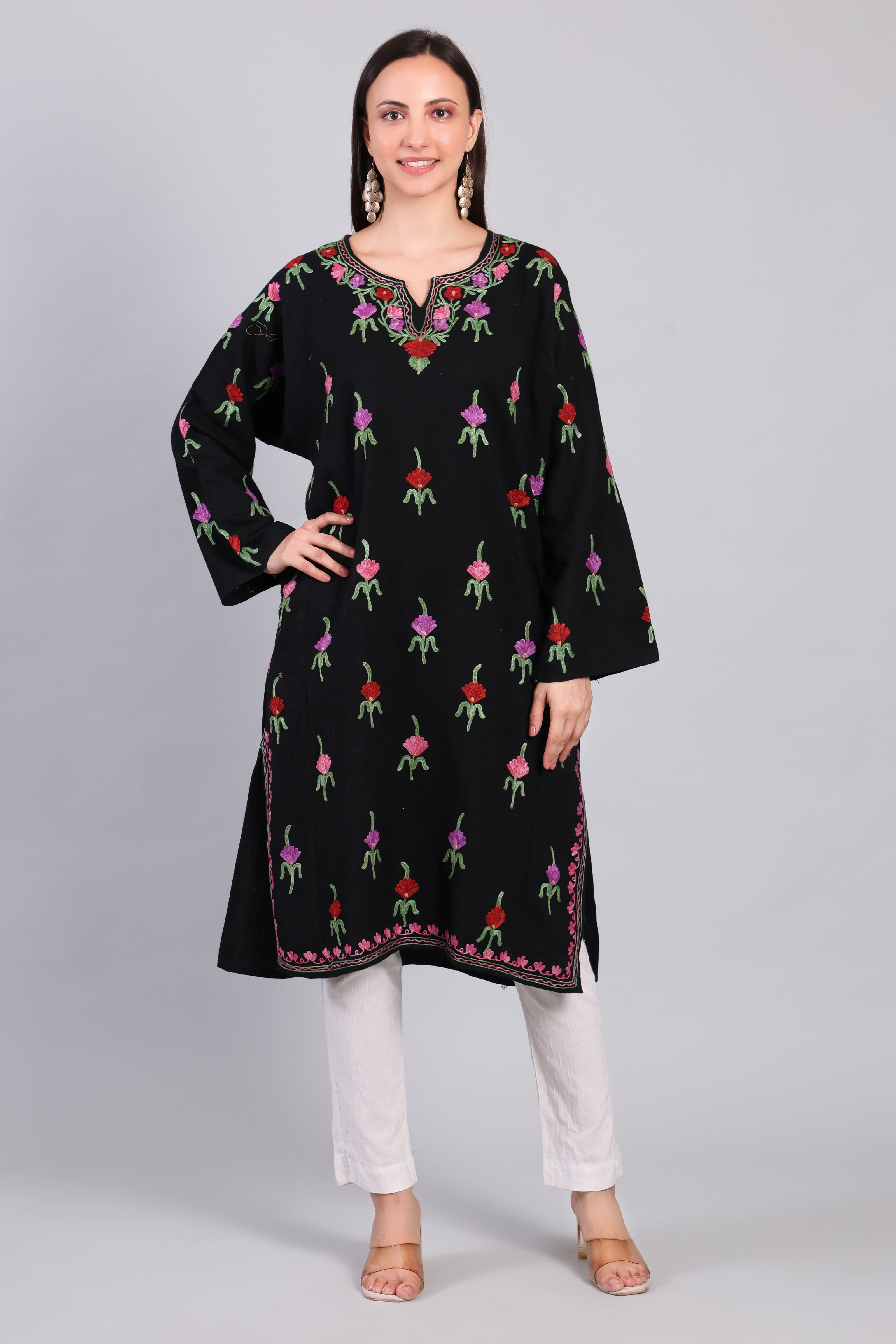 Gultar-e-Bahar — Black Pheran with Multicolor Floral Aari Kashmiri Embroidery-front