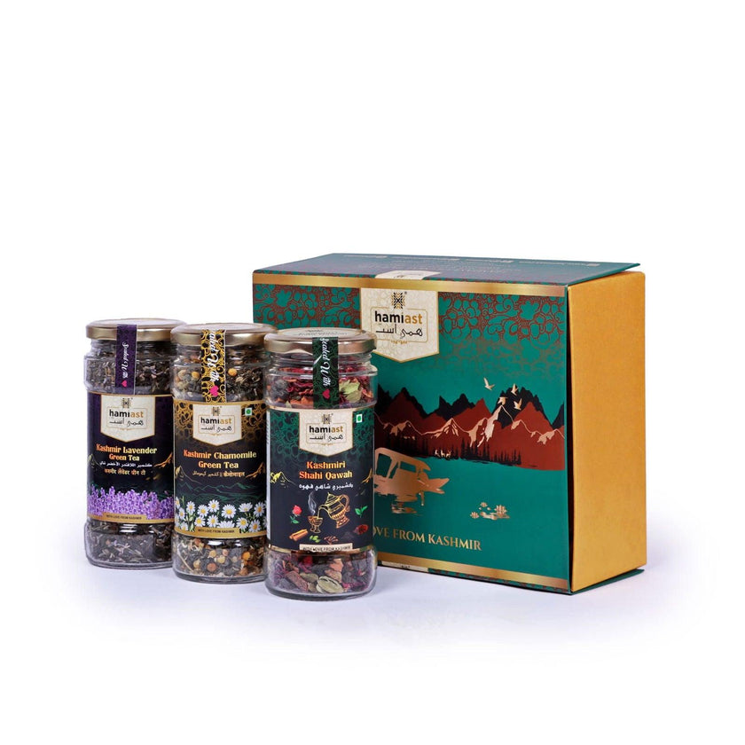 Hamiast Exquisite Green Tea Gift Box: 3 Unique Blends - Shahi Kahwa, Chamomile and, Lavender Green Tea | Ideal for Gifting | Crafted with Love from Kashmir - Hamiast
