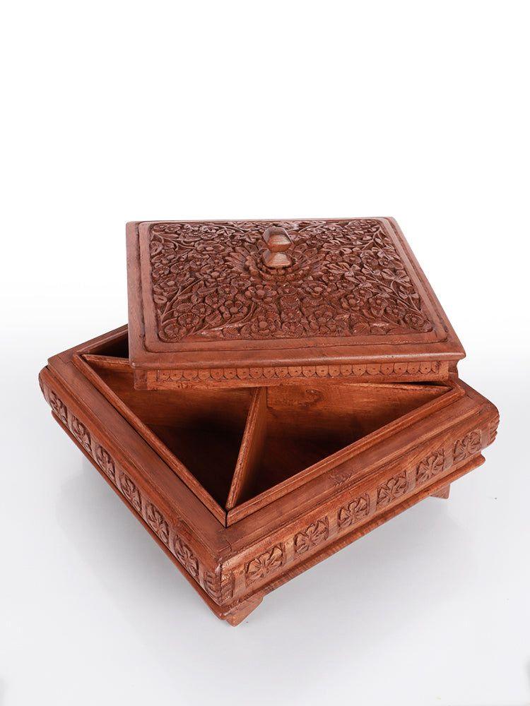 Hand-Carved Walnut Wood Dry Fruit Box - Hamiast