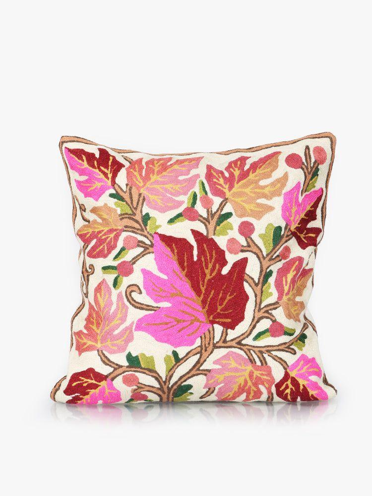 Handcrafted Dual-Season Chinar Leaf Chain Stitch Embroidered Cushion Cover - Hamiast