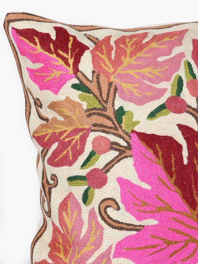 Handcrafted Dual-Season Chinar Leaf Chain Stitch Embroidered Cushion Cover - Hamiast