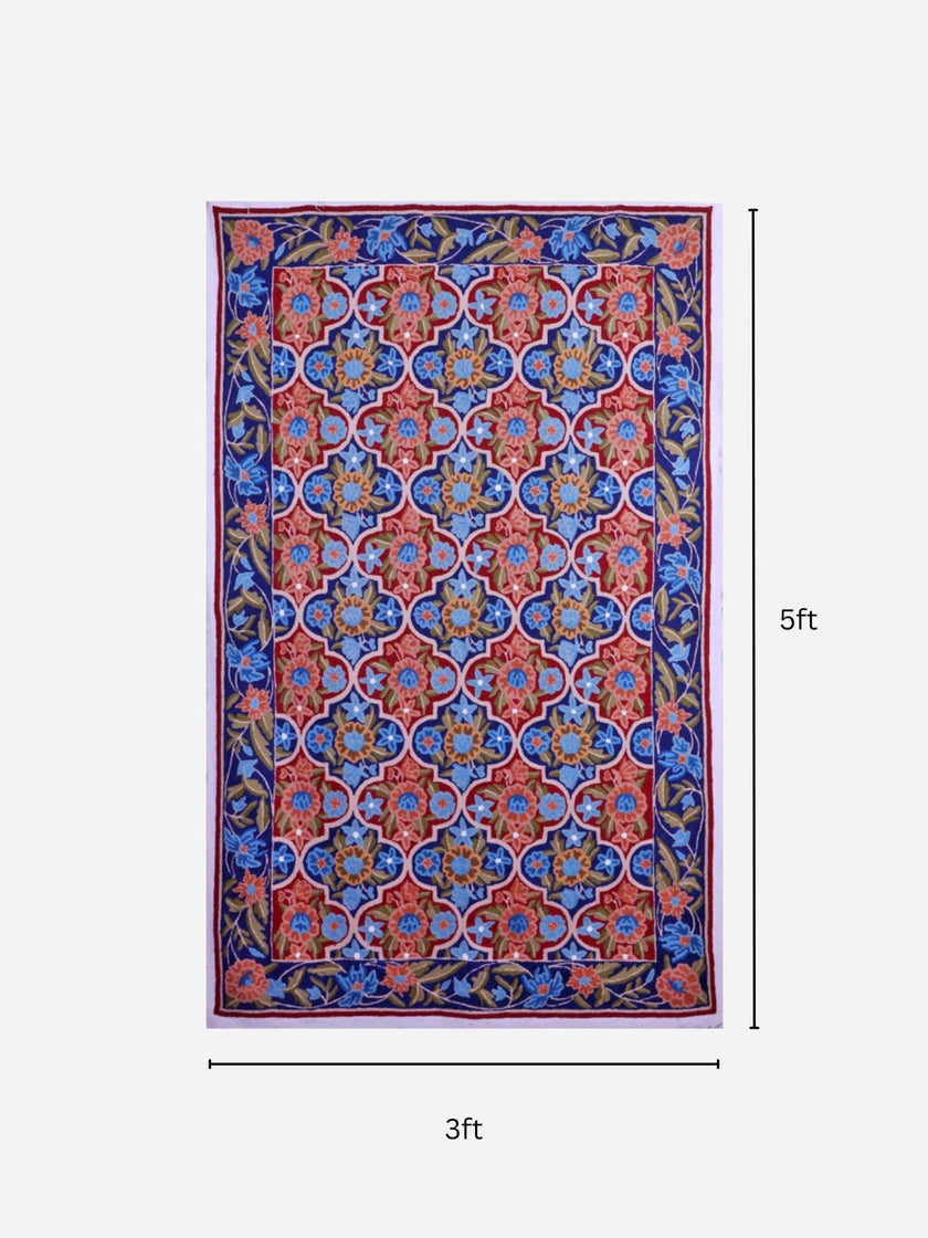 Regal Mughal Garden Chain Stitch Rug – Kashmiri Aari Embroidery