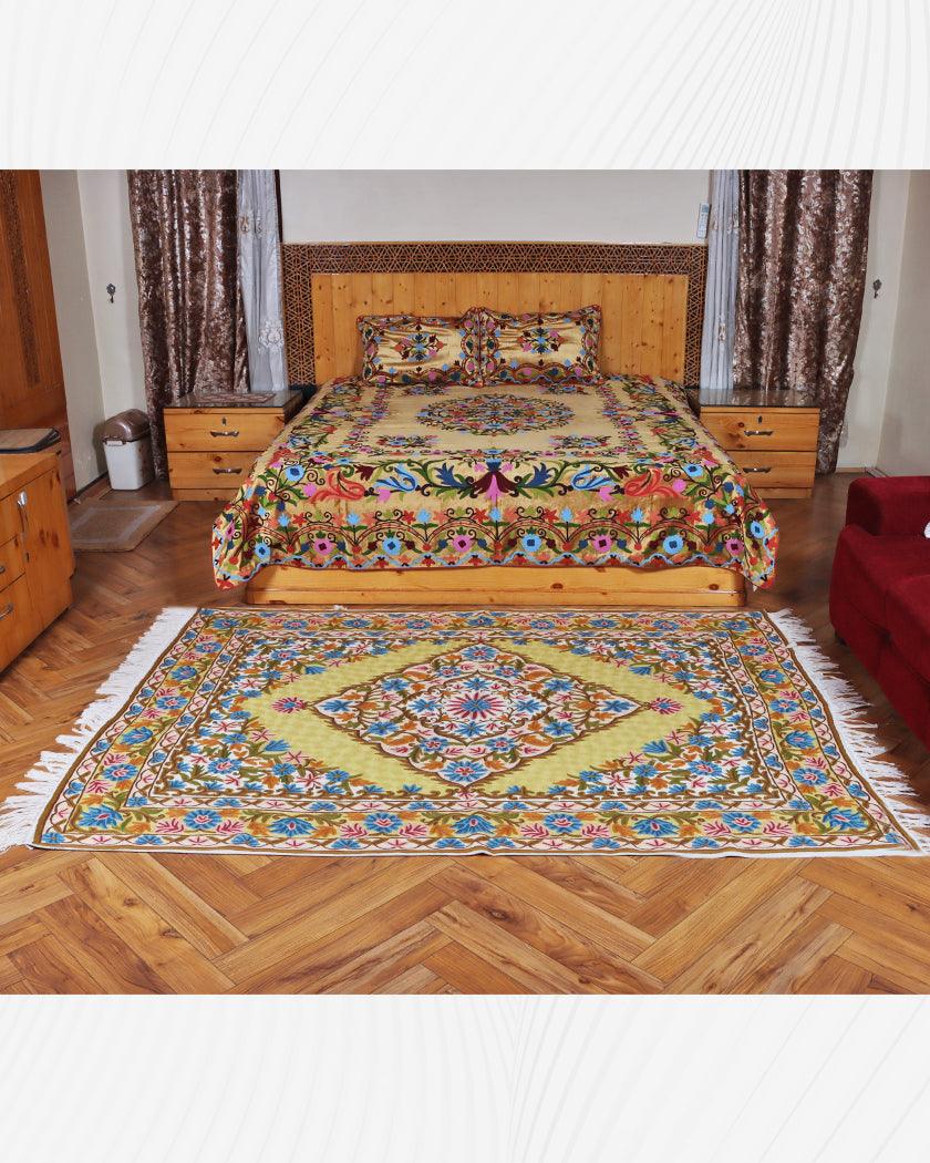 Handmade Kashmiri Chain Stitch Crewel Wool Rug with Floral Embroidery – Golden Base-Lifestyle