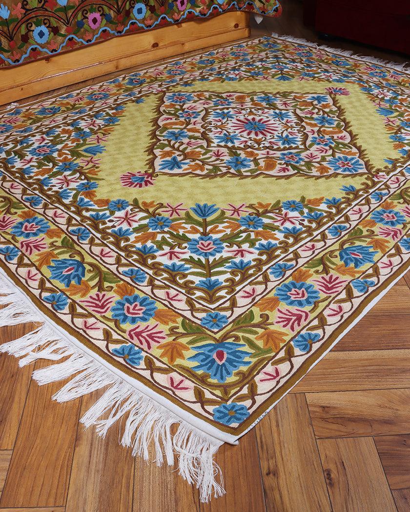 Handmade Kashmiri Chain Stitch Crewel Wool Rug with Floral Embroidery – Golden Base-Sideview-2