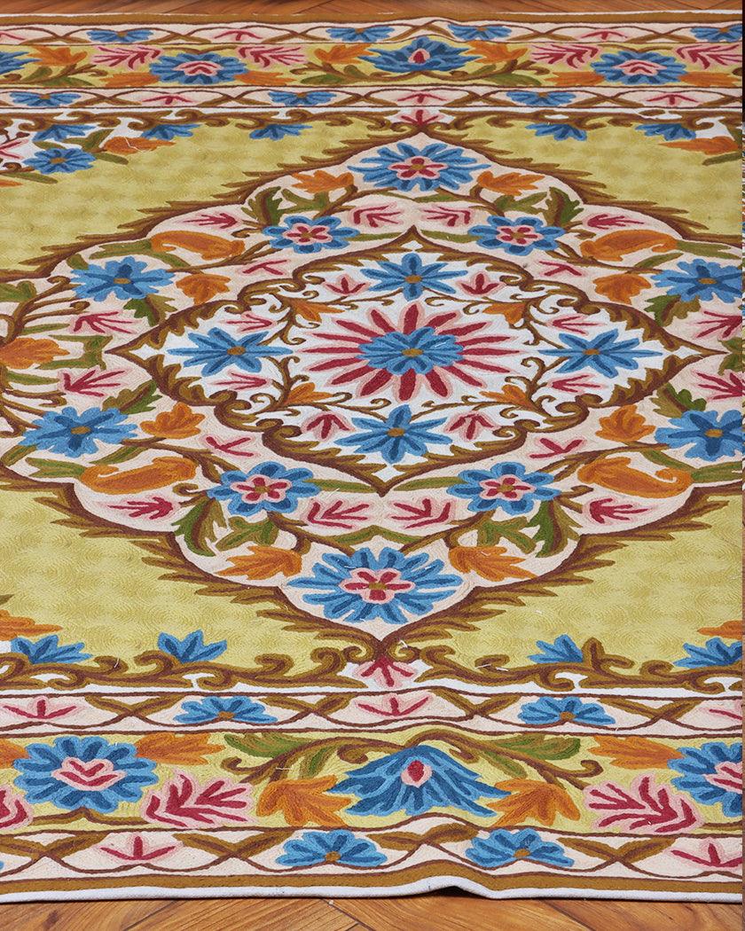 Handmade Kashmiri Chain Stitch Crewel Wool Rug with Floral Embroidery – Golden Base-Sideview