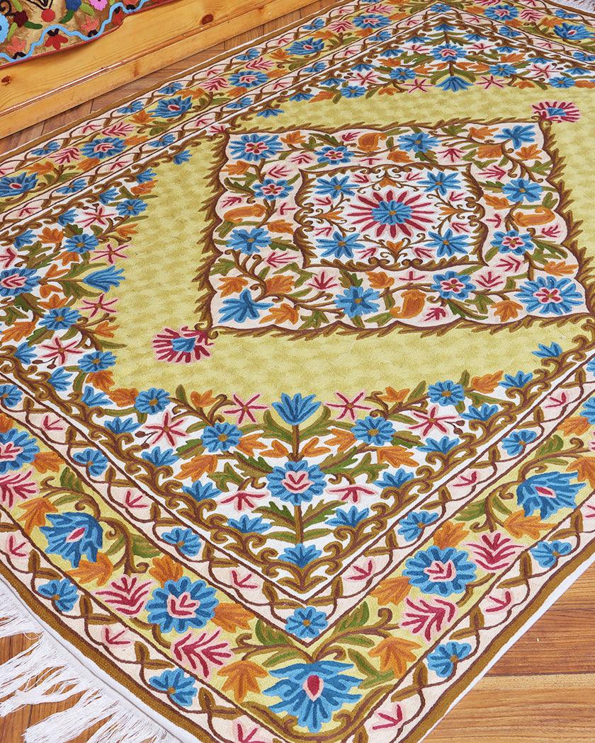 Handmade Kashmiri Chain Stitch Crewel Wool Rug with Floral Embroidery – Golden Base