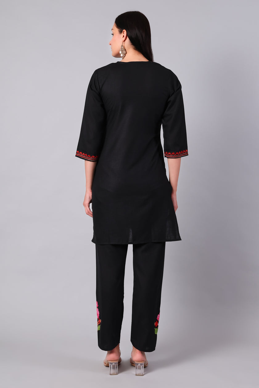 Black Kashmiri Aari Co-ord Set with Multicolour Floral Embroidery
