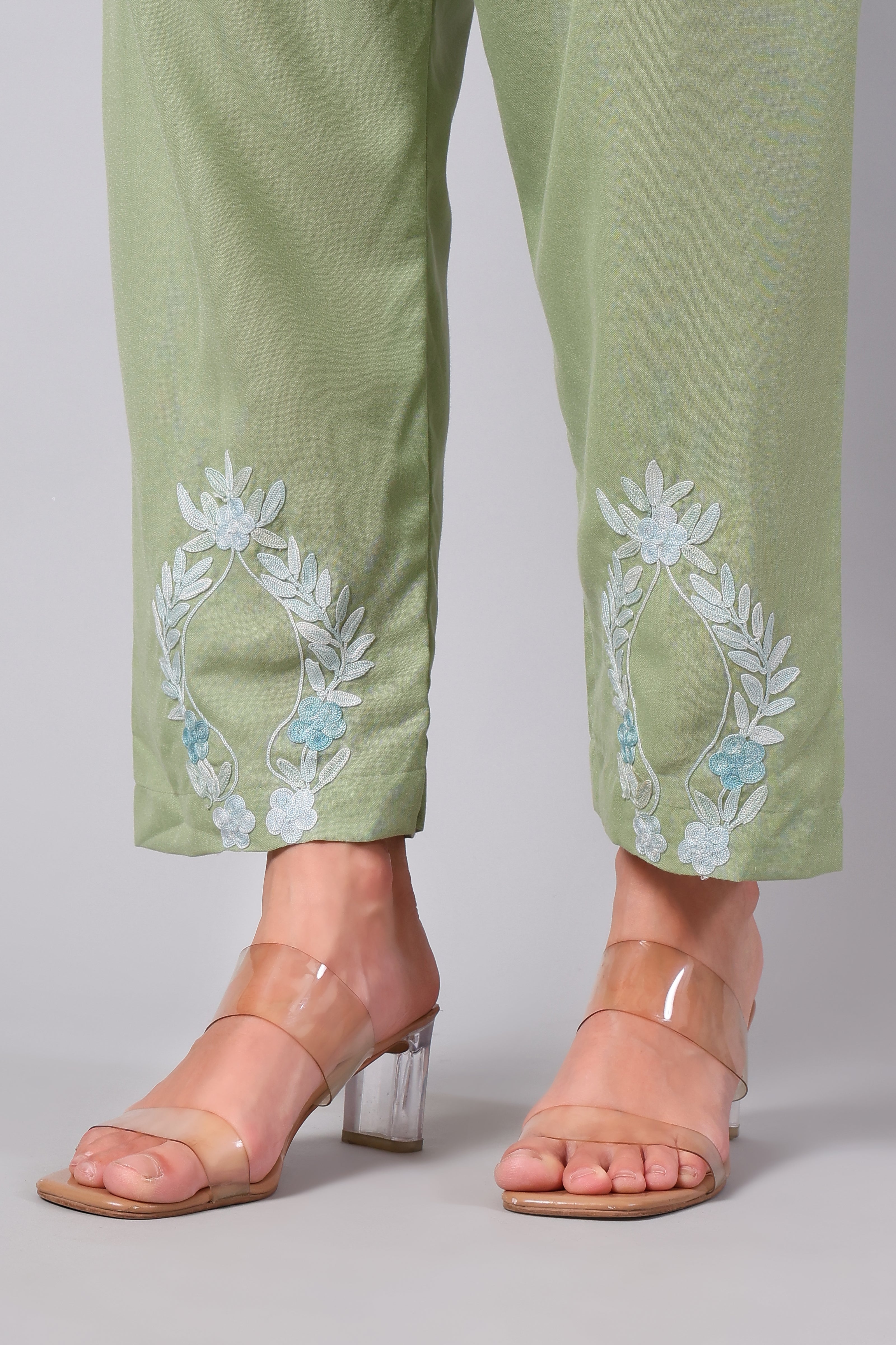 Sage Green Kashmiri Aari Co-ord Set with Powder Blue Embroidery