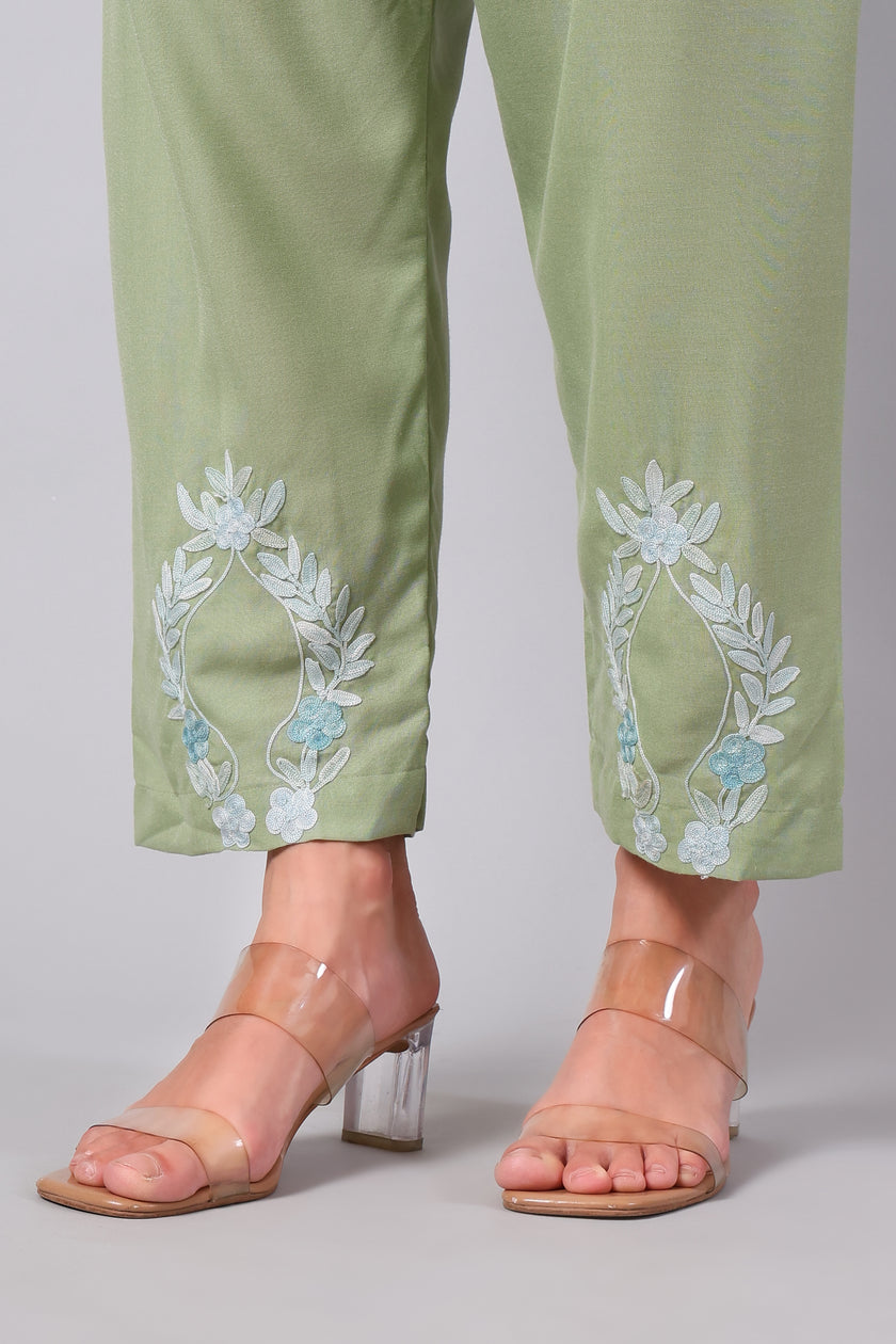 Sage Green Kashmiri Aari Co-ord Set with Powder Blue Embroidery