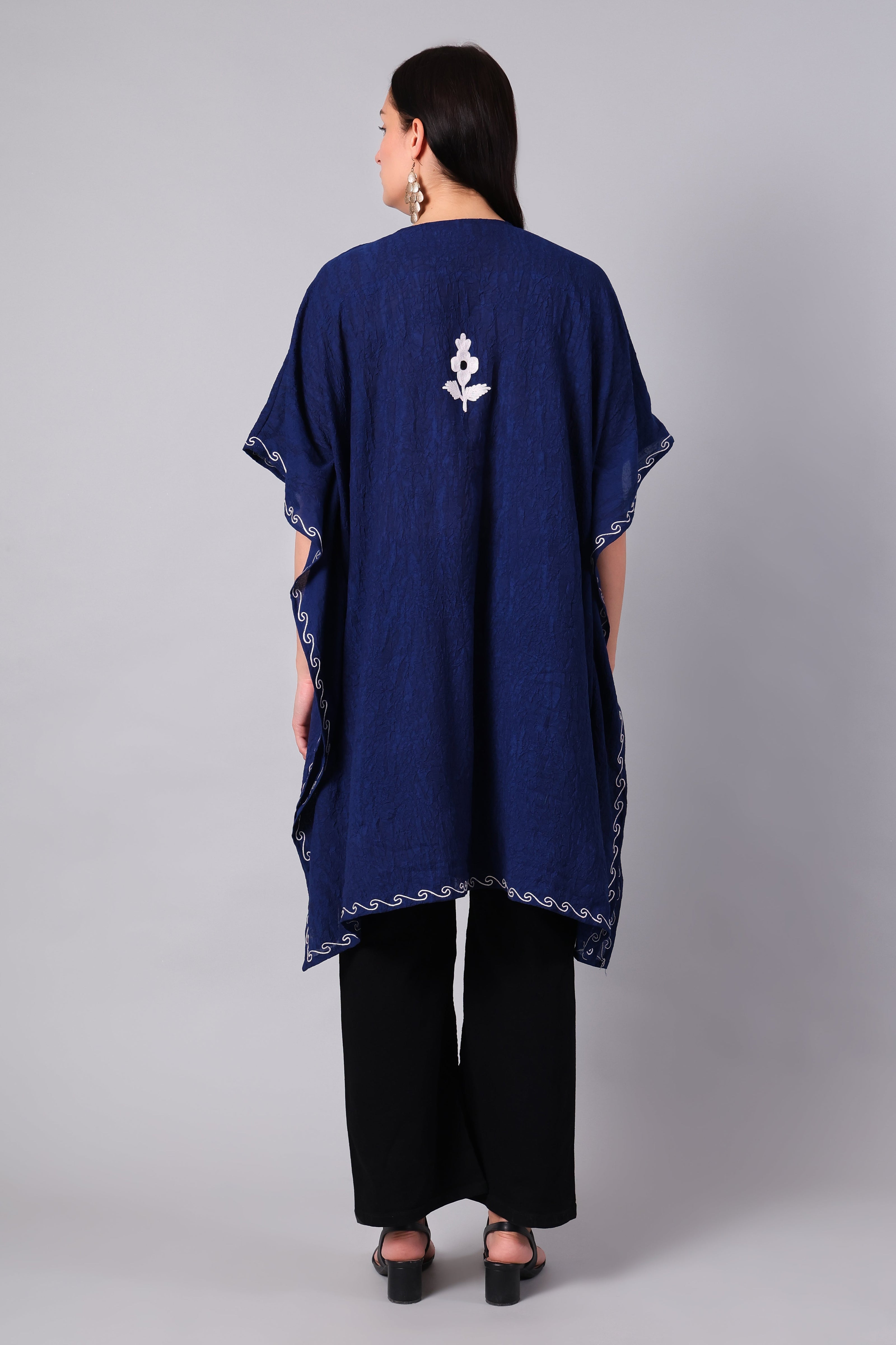 Gulbahar — Royal Blue Kashmiri Kaftan with White Aari Embroidery