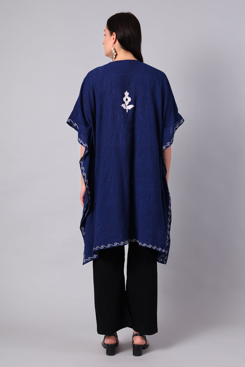 Gulbahar — Royal Blue Kashmiri Kaftan with White Aari Embroidery