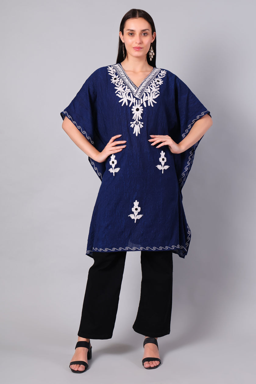 Royal Blue Kashmiri Kaftan with White Aari Embroidery — front view