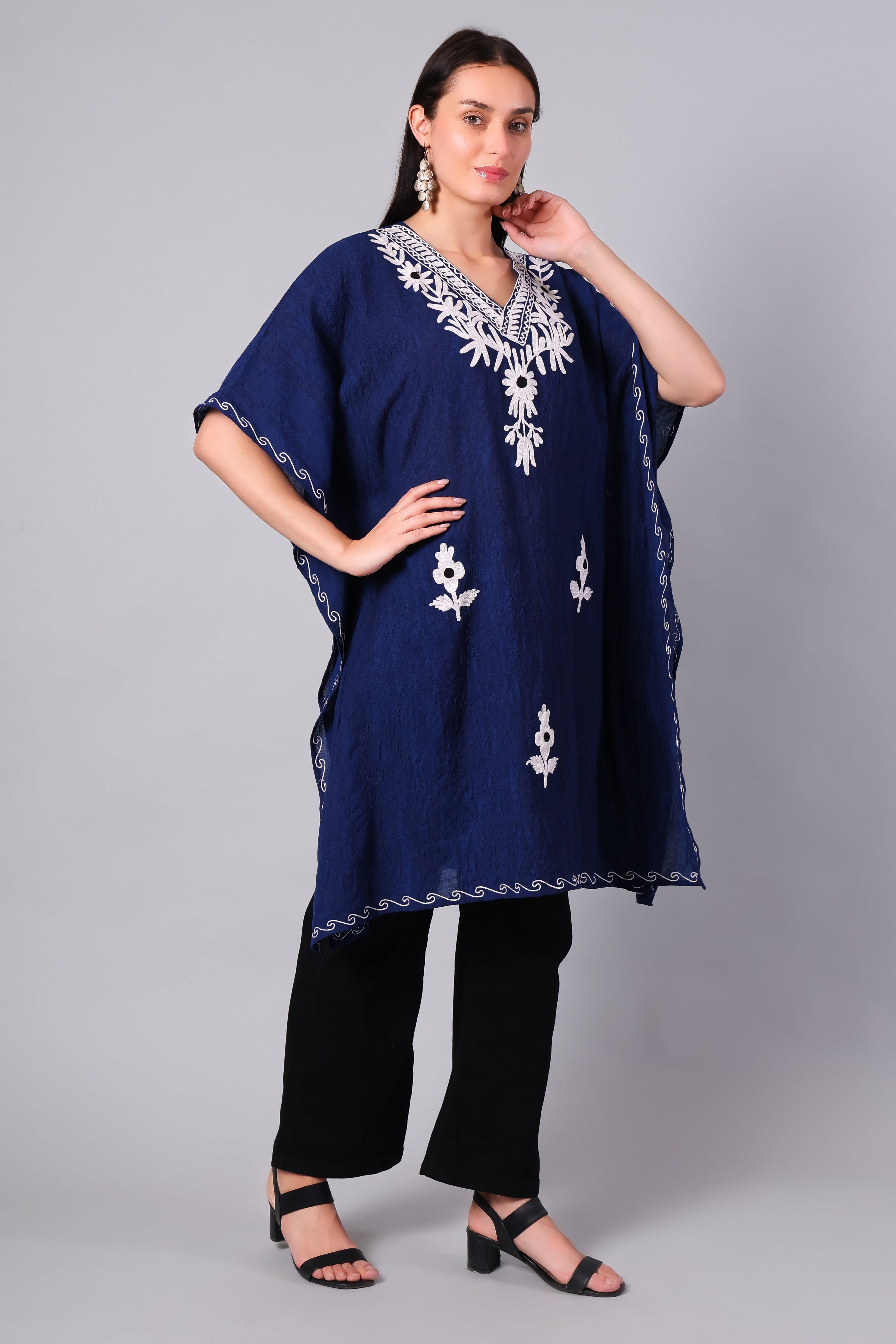 Gulbahar — Royal Blue Kashmiri Kaftan with White Aari Embroidery