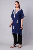 Gulbahar — Royal Blue Kashmiri Kaftan with White Aari Embroidery