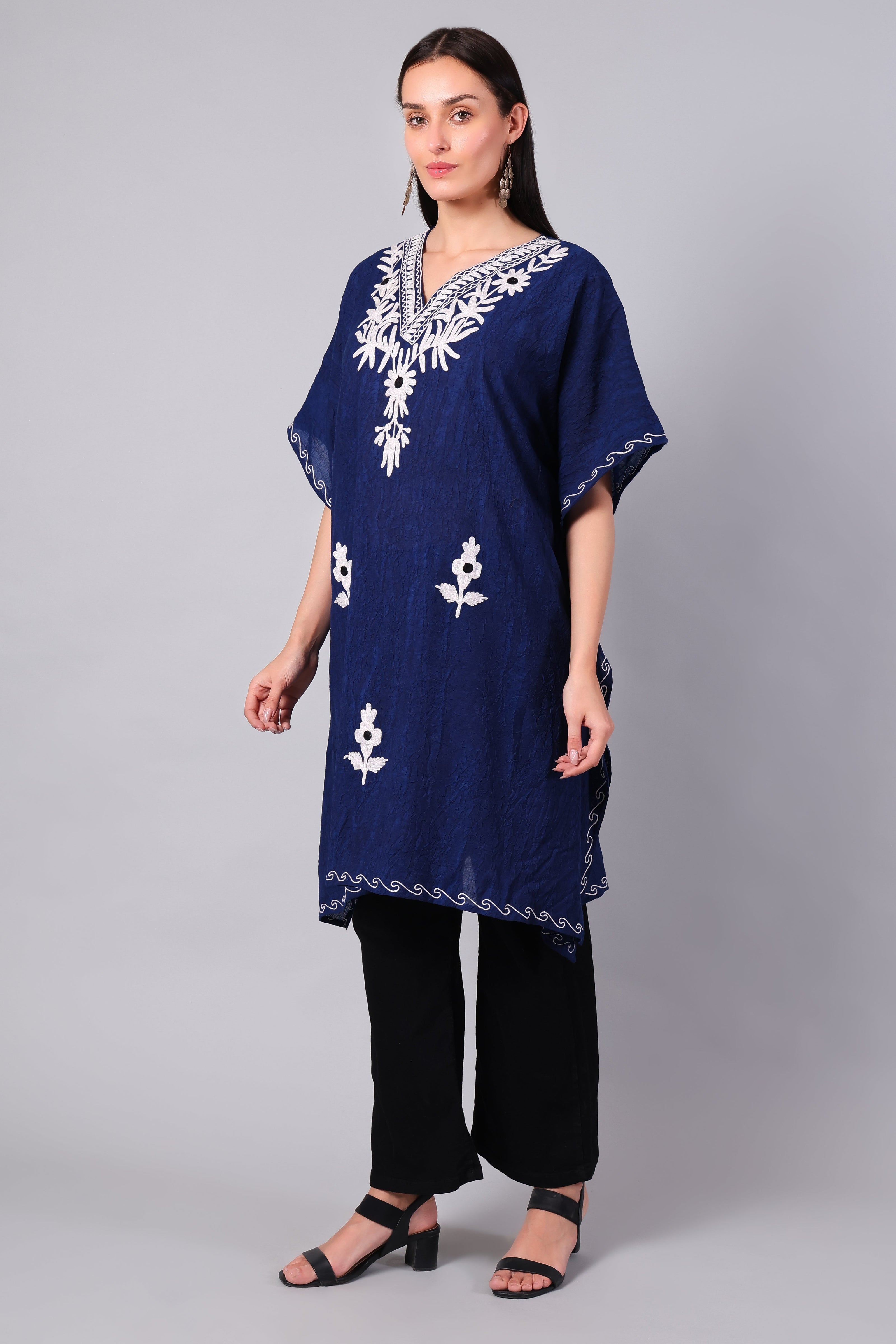 Gulbahar — Royal Blue Kashmiri Kaftan with White Aari Embroidery