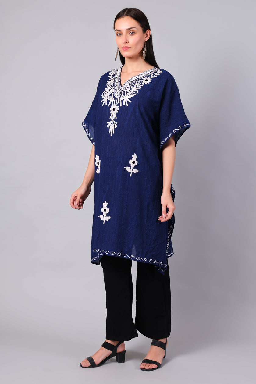 Gulbahar — Royal Blue Kashmiri Kaftan with White Aari Embroidery