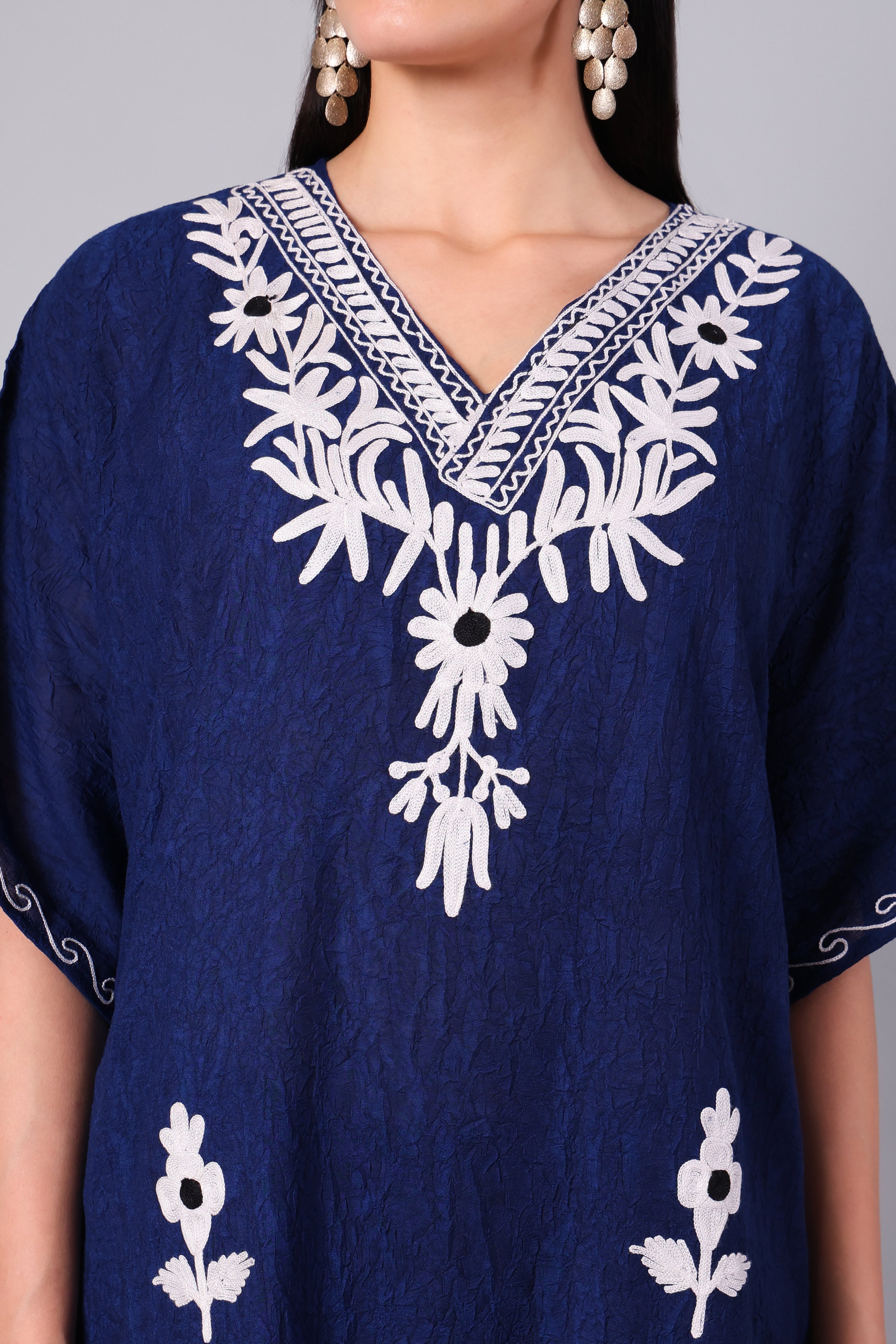 Gulbahar — Royal Blue Kashmiri Kaftan with White Aari Embroidery