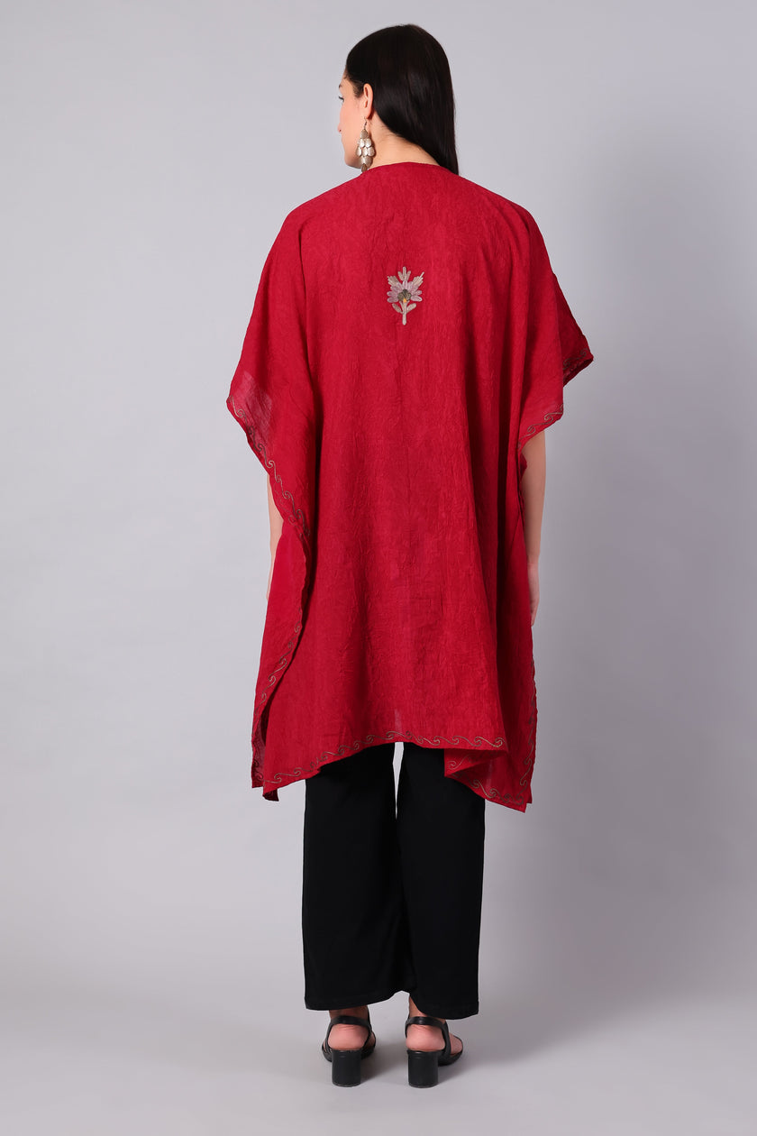 Gulbahar — Garnet Red Kashmiri Kaftan with Ivory and Sage Aari Embroidery