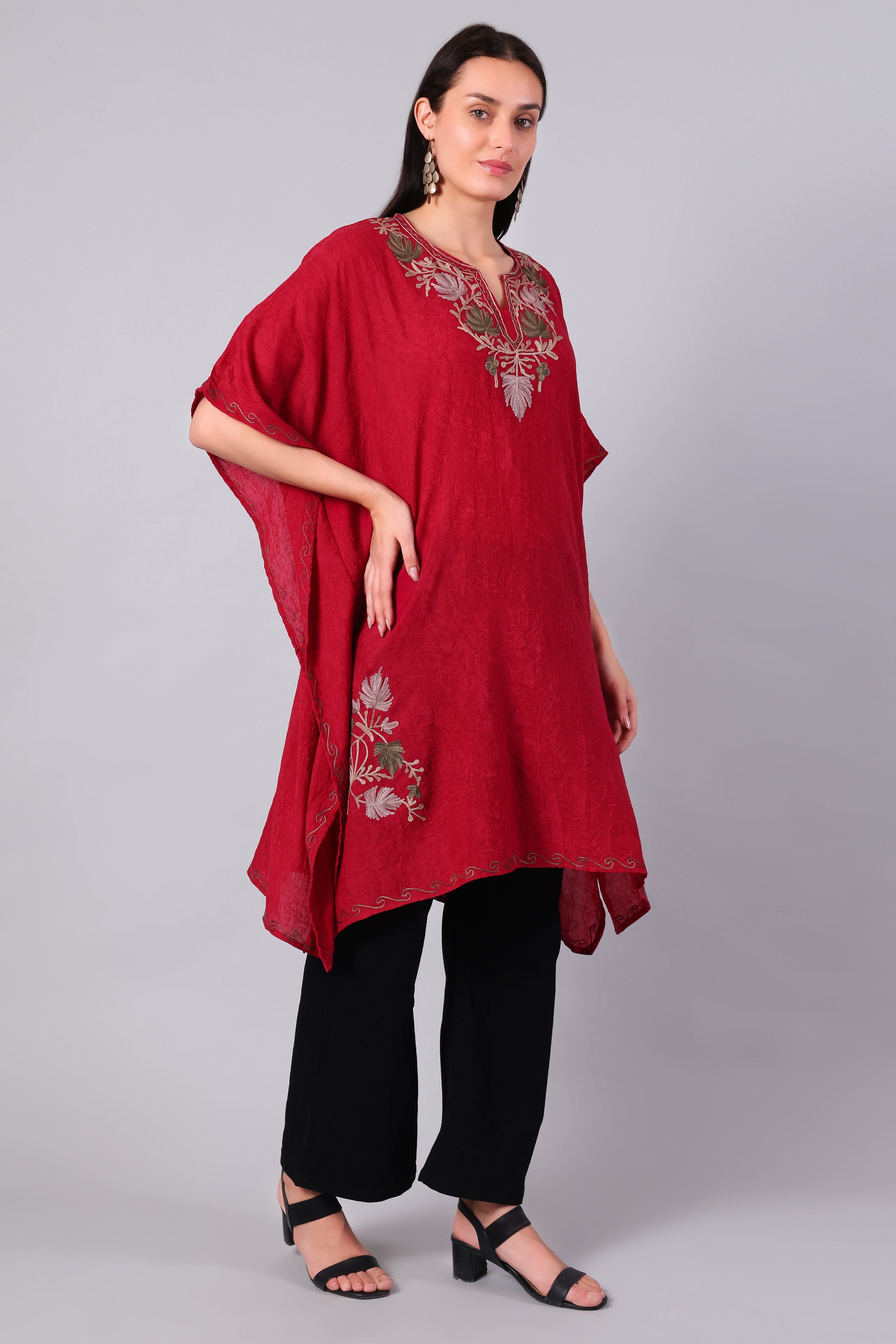 Gulbahar — Garnet Red Kashmiri Kaftan with Ivory and Sage Aari Embroidery