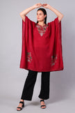 Garnet Red Kashmiri Kaftan with Ivory and Sage Aari Embroidery — front view