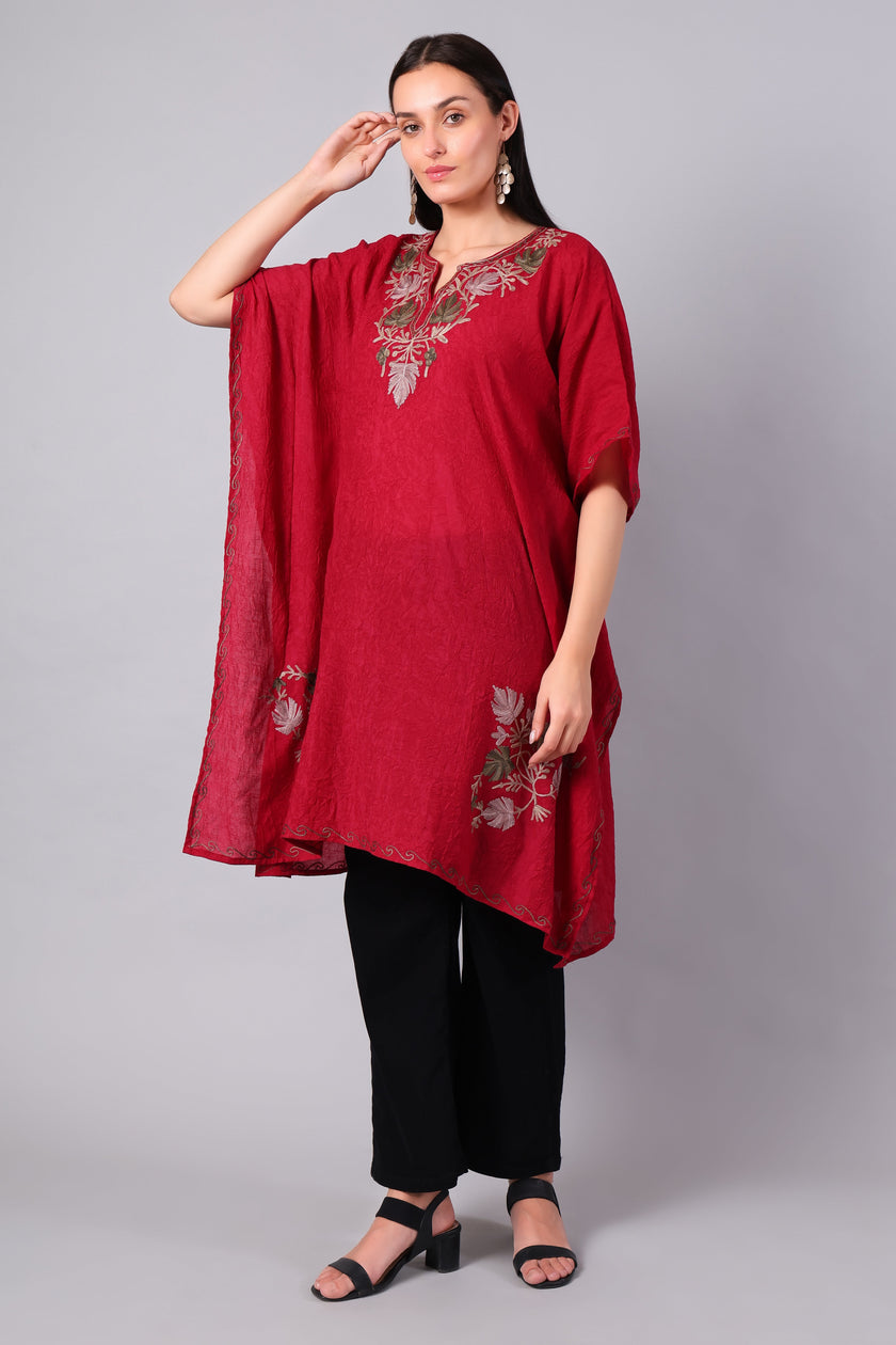 Gulbahar — Garnet Red Kashmiri Kaftan with Ivory and Sage Aari Embroidery