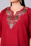 Gulbahar — Garnet Red Kashmiri Kaftan with Ivory and Sage Aari Embroidery