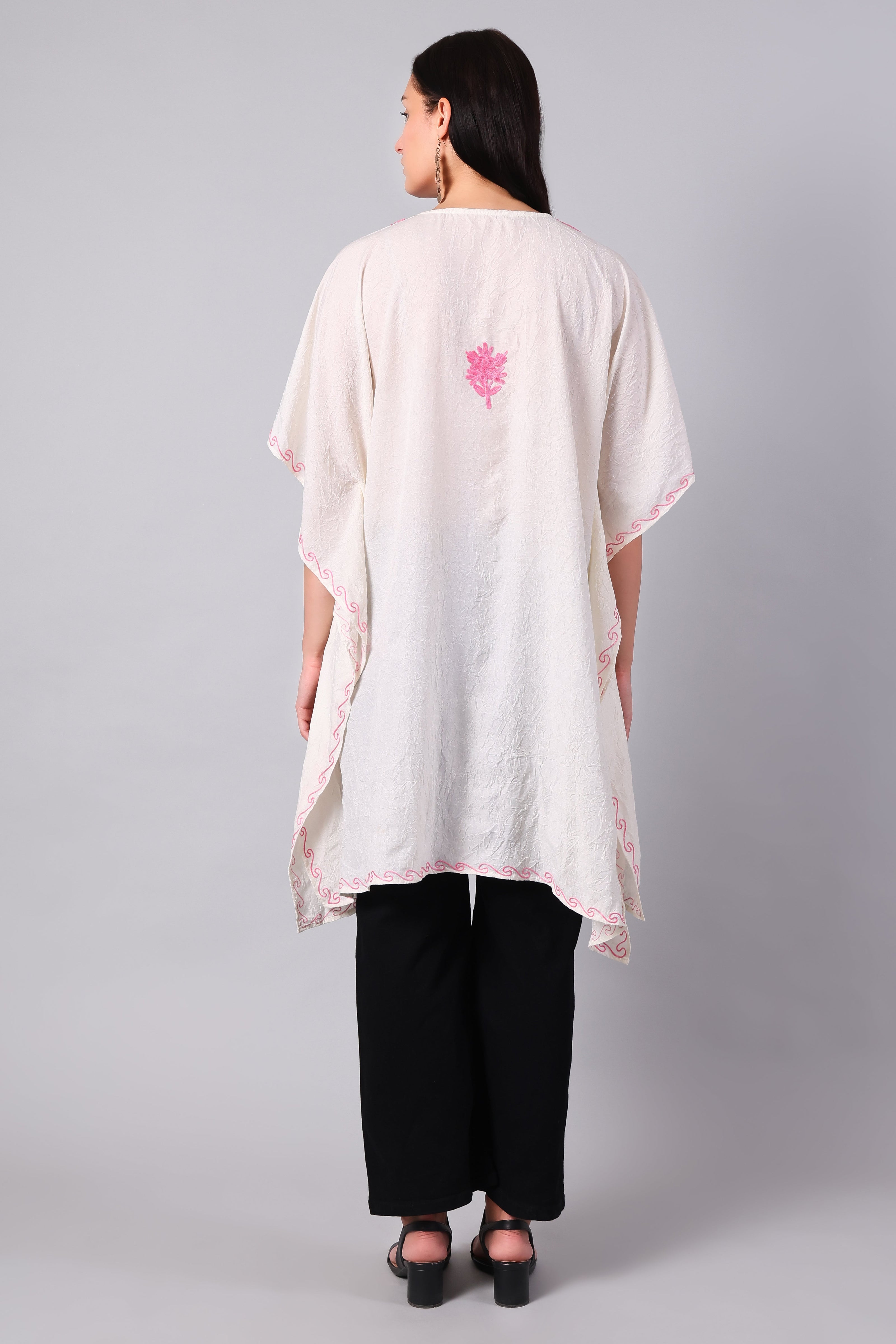 Gulbahar — White Kashmiri Kaftan with Hot Pink Aari Embroidery