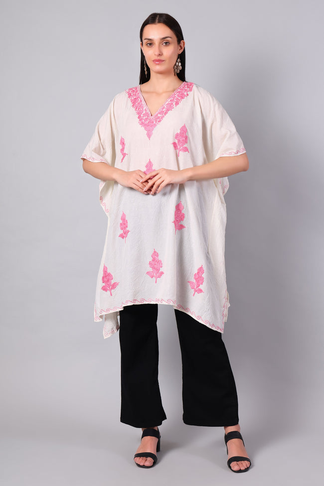 Gulbahar — White Kashmiri Kaftan with Hot Pink Aari Embroidery