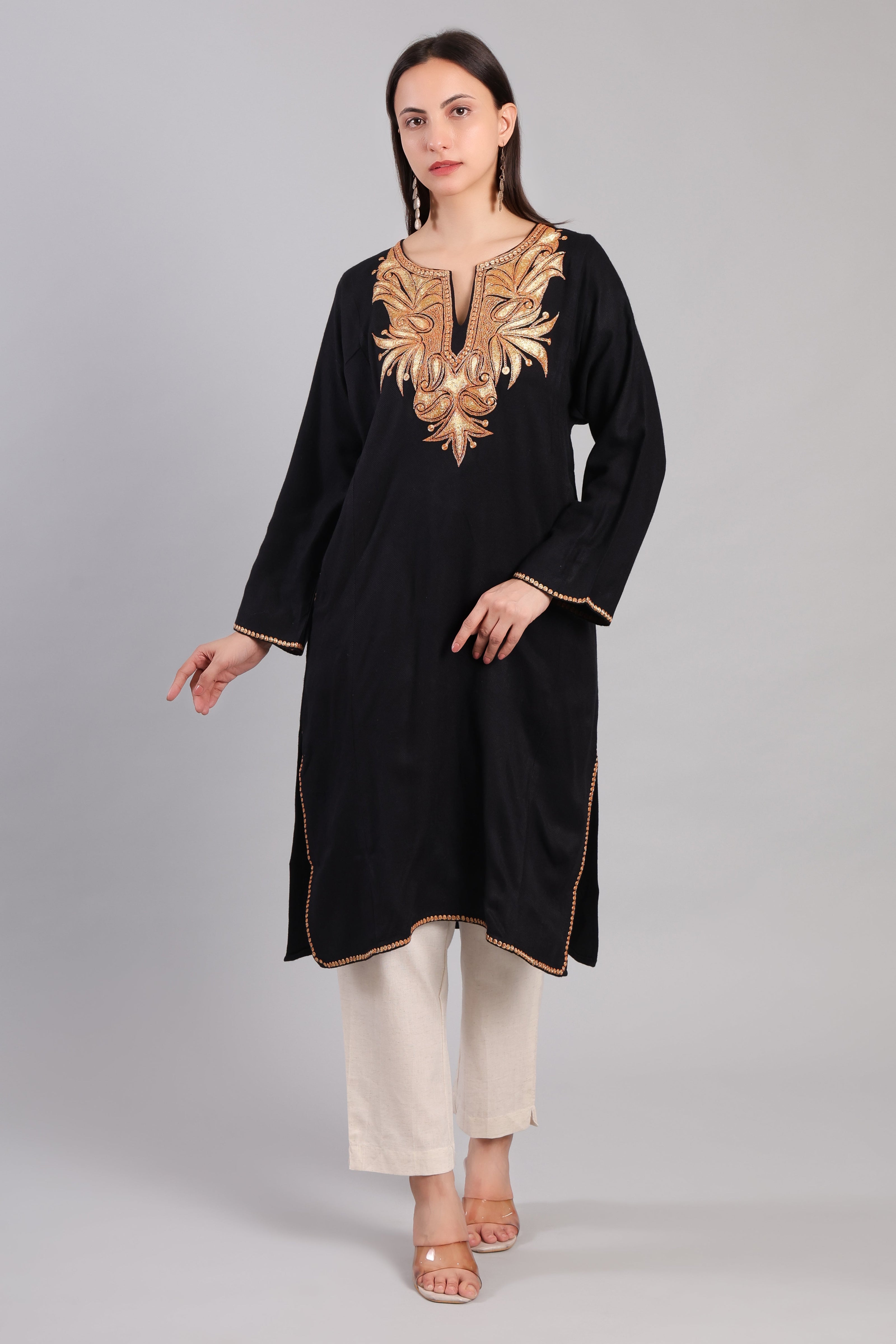 Black Kashmiri Woolen Pheran with Golden Boti Tilla Embroidery