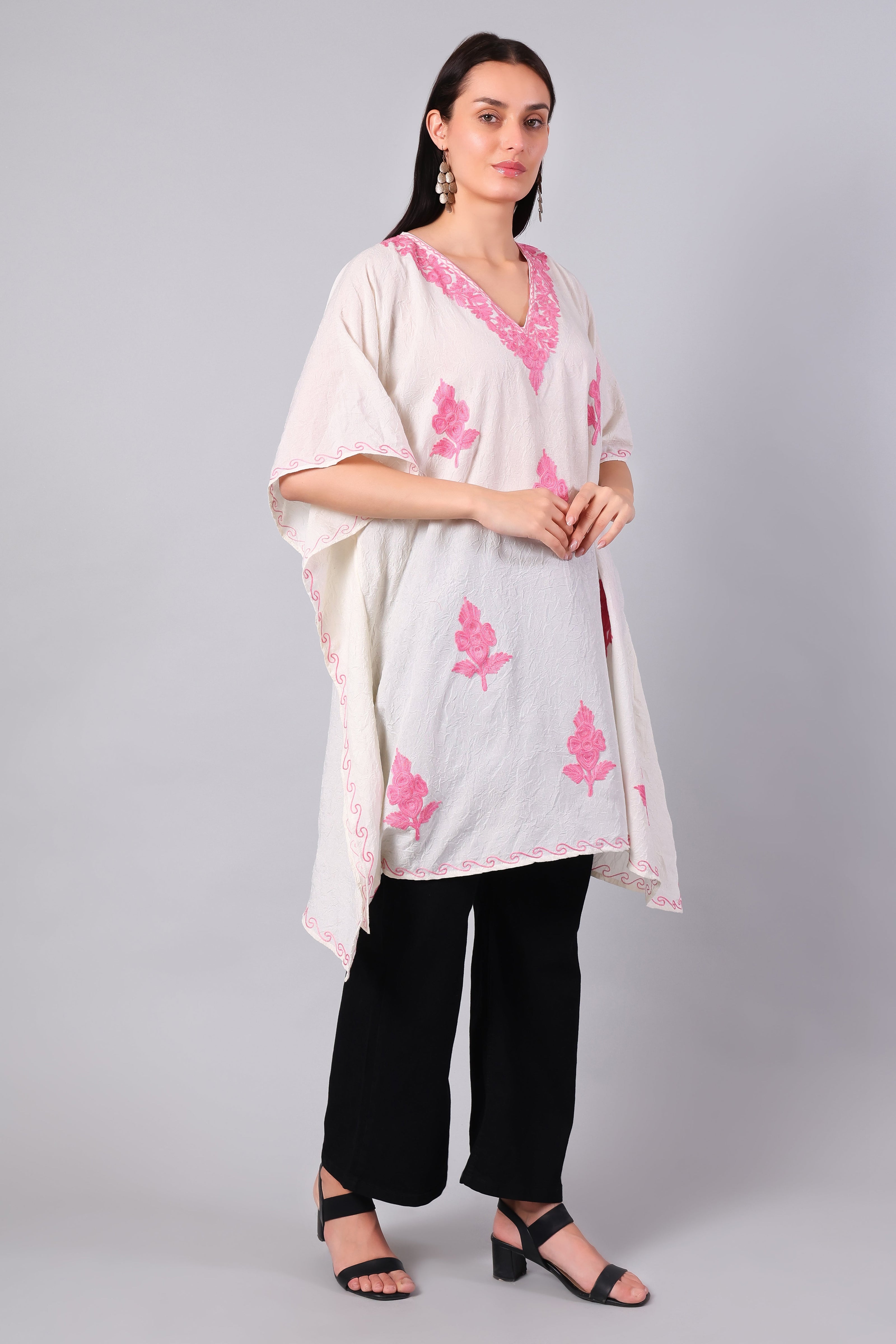 Gulbahar — White Kashmiri Kaftan with Hot Pink Aari Embroidery