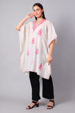 White Kashmiri Kaftan with Hot Pink Aari Embroidery — front view