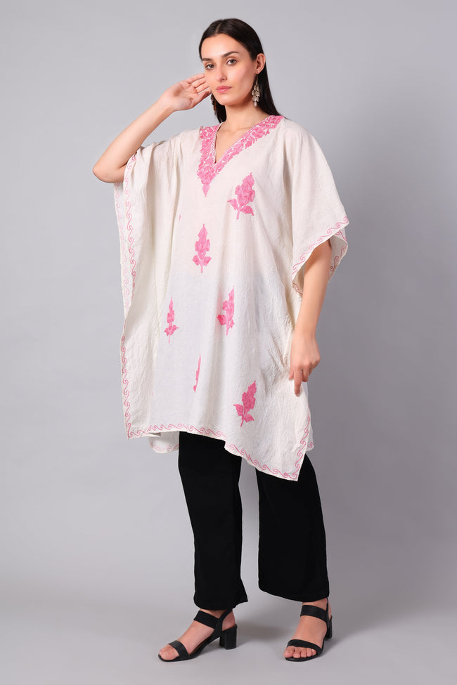White Kashmiri Kaftan with Hot Pink Aari Embroidery — front view