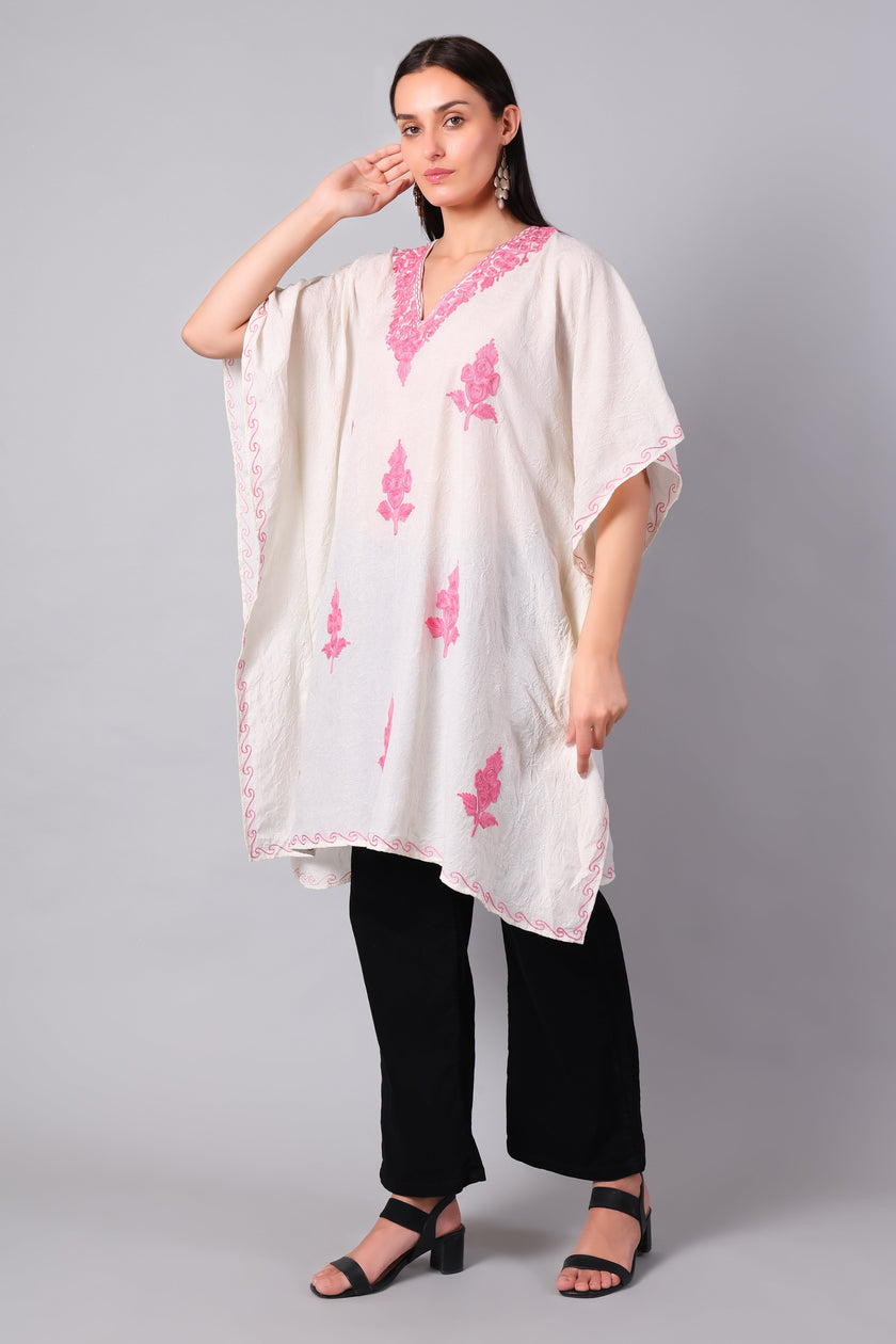 White Kashmiri Kaftan with Hot Pink Aari Embroidery — front view