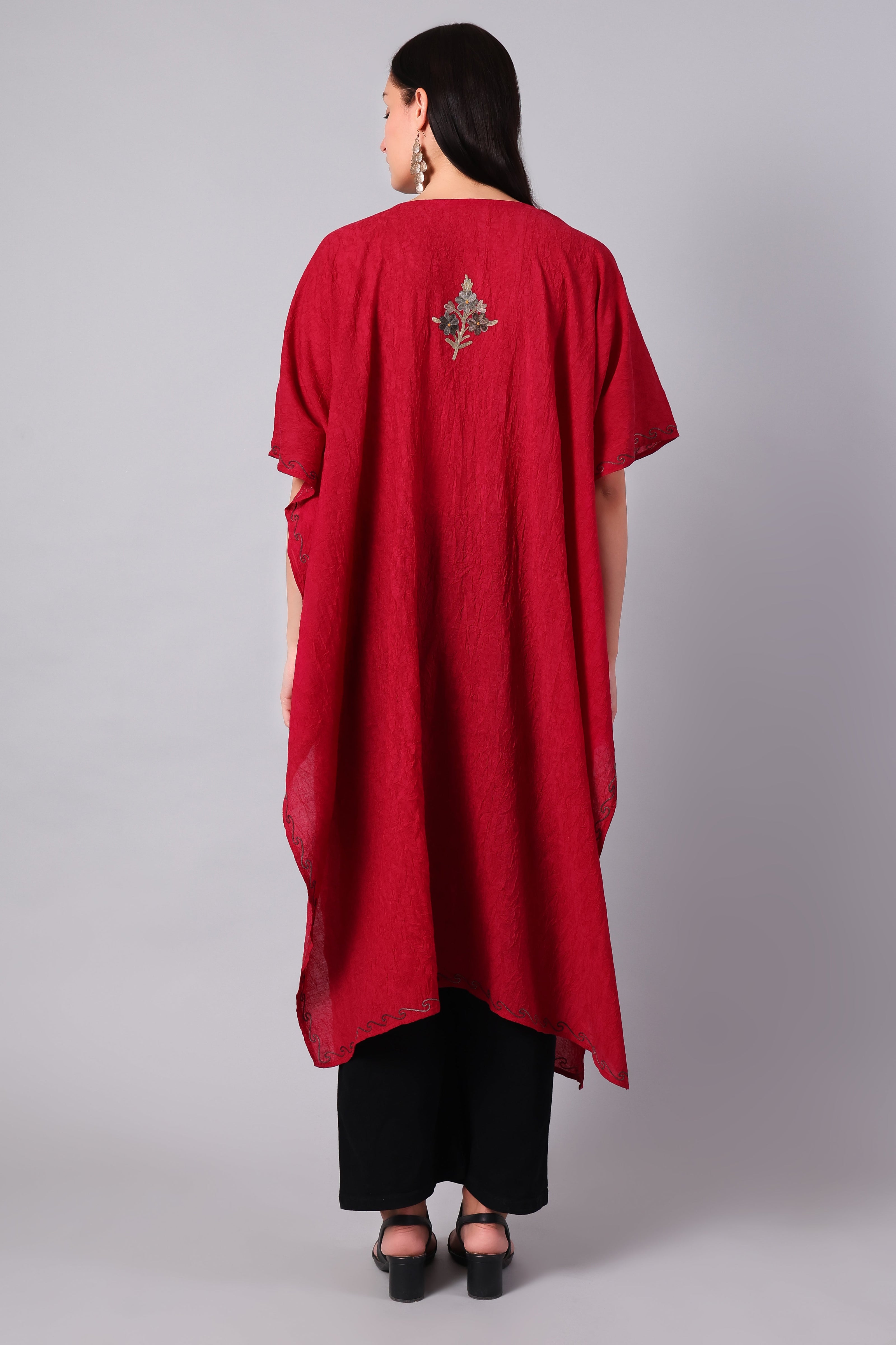 Gulbahar — Deep Red Kashmiri Kaftan with Antique Gold Aari Embroidery