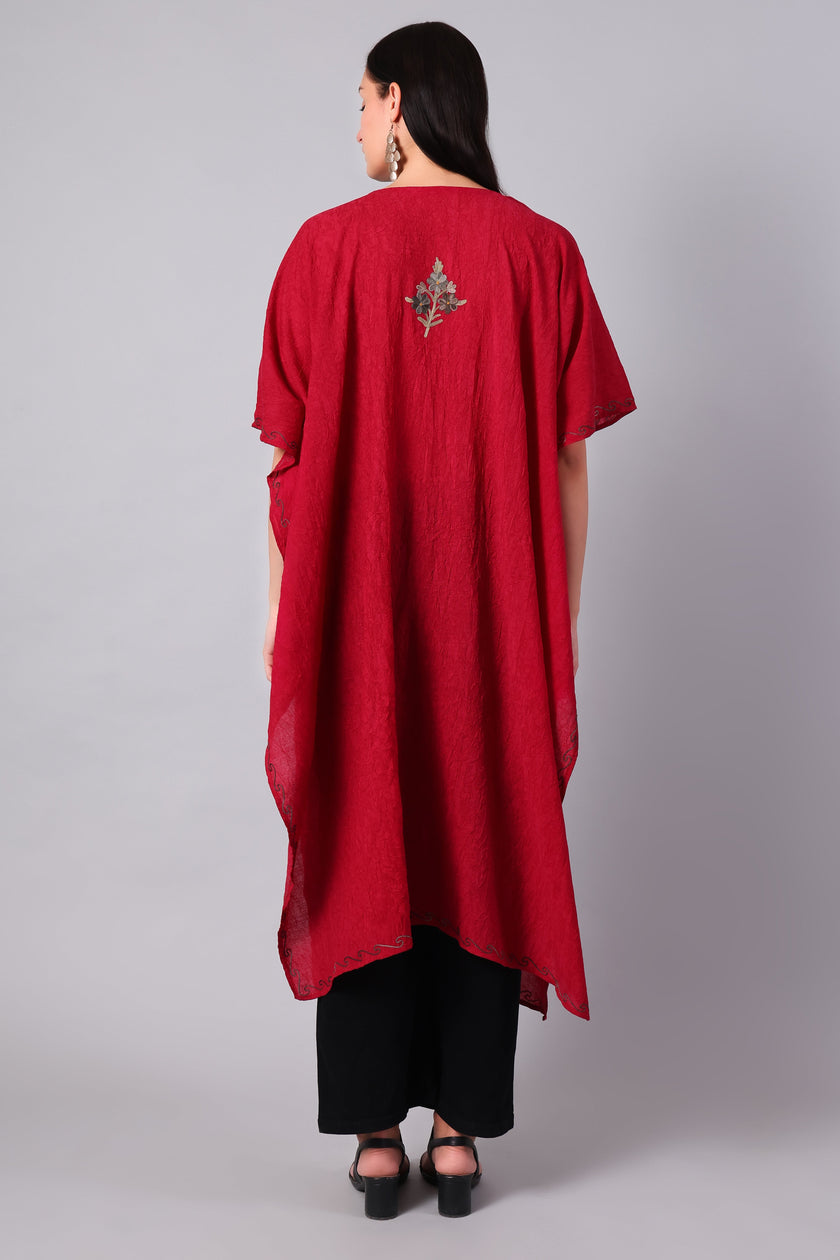 Gulbahar — Deep Red Kashmiri Kaftan with Antique Gold Aari Embroidery