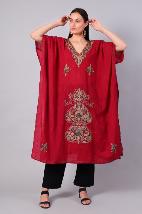 Deep Red Kashmiri Kaftan with Antique Gold Aari Embroidery — front view
