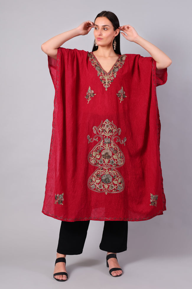 Deep Red Kashmiri Kaftan with Antique Gold Aari Embroidery — front view