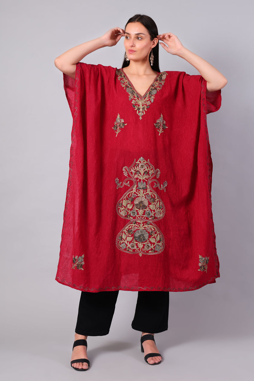 Deep Red Kashmiri Kaftan with Antique Gold Aari Embroidery — front view