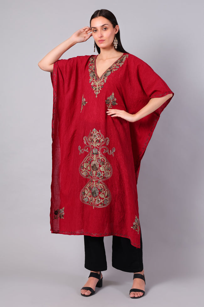 Gulbahar — Deep Red Kashmiri Kaftan with Antique Gold Aari Embroidery