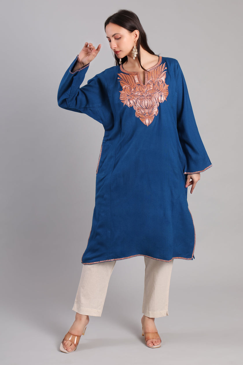 Azure Copper Tilla Embroidered Kashmiri Pheran | Elegant Wool Winter Wear Hamiast Azure Copper Tilla Embroidered Kashmiri Pheran | Elegant Wool Winter Wear Hamiast