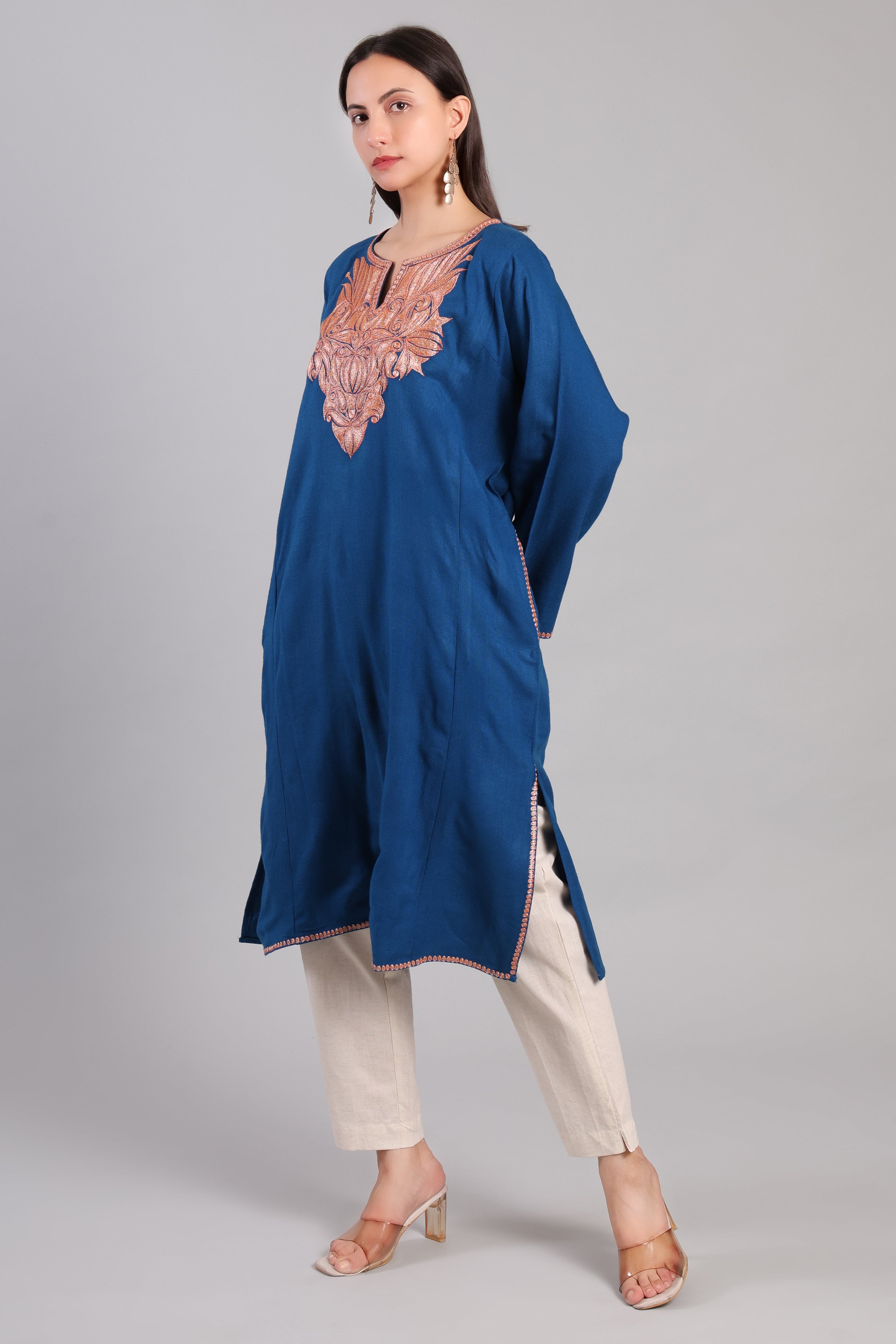 Azure Copper Tilla Embroidered Kashmiri Pheran
