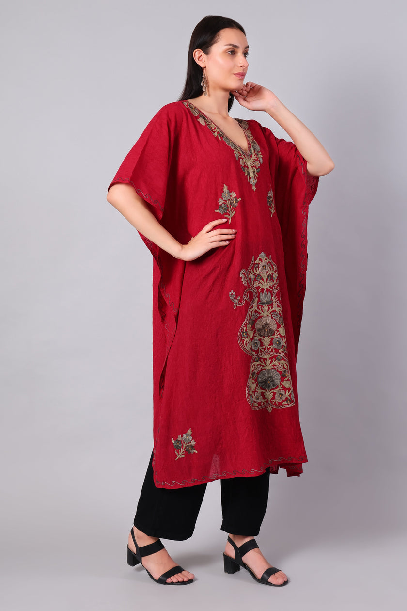 Gulbahar — Deep Red Kashmiri Kaftan with Antique Gold Aari Embroidery