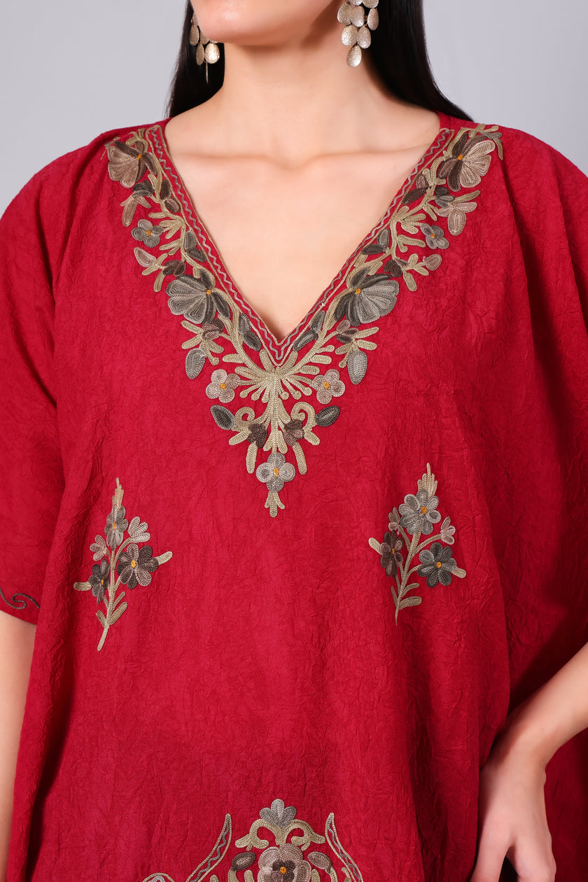 Gulbahar — Deep Red Kashmiri Kaftan with Antique Gold Aari Embroidery