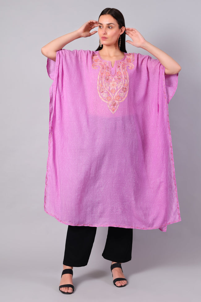 Rose Pink Kashmiri Kaftan with Peach and Gold Aari Embroidery — front view
