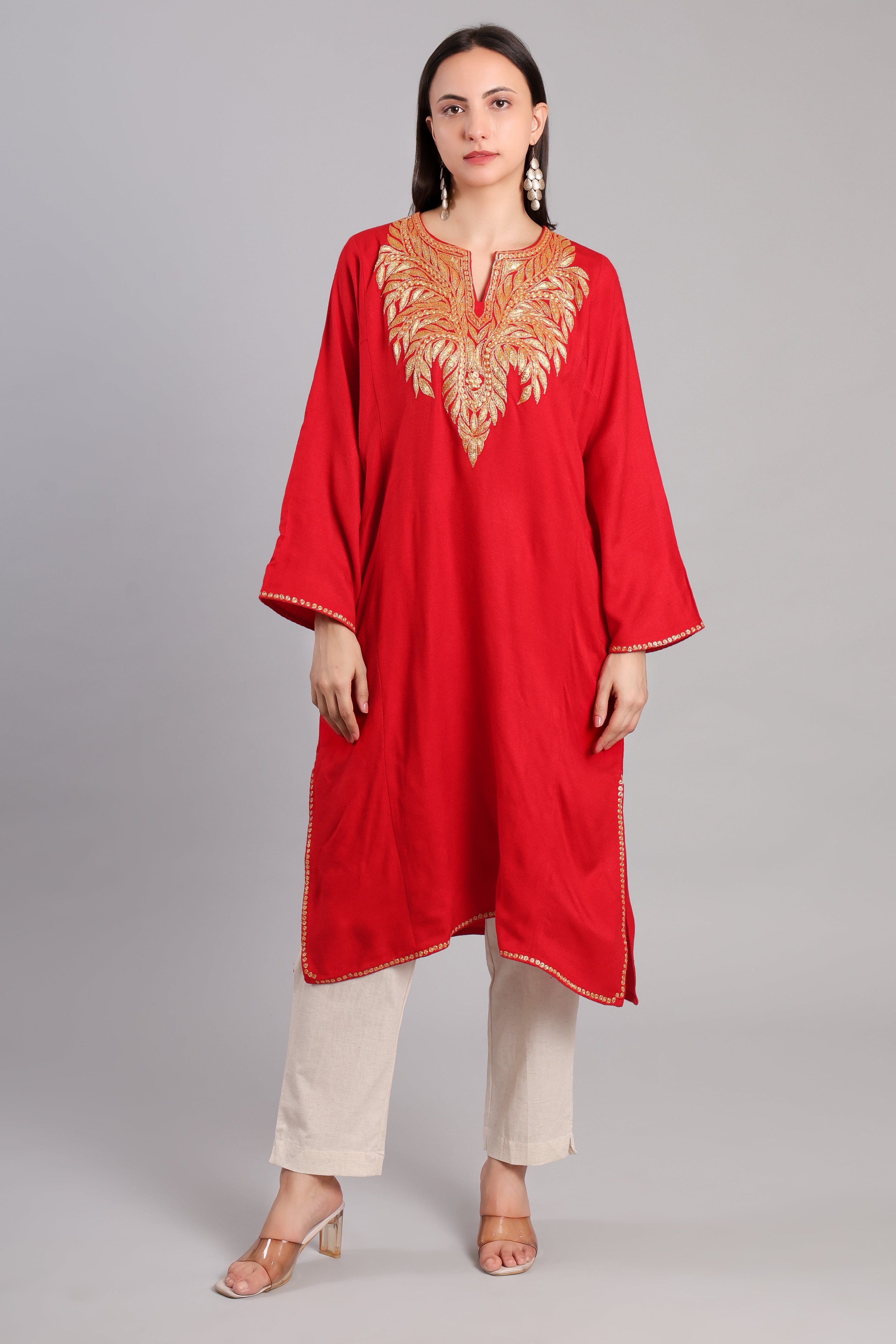 Crimson Gold Tilla Embroidered Kashmiri Pheran